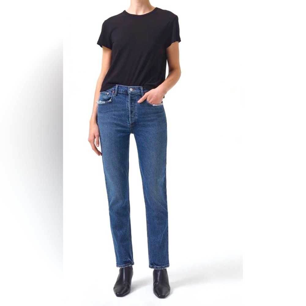AGOLDE Riley Long High Rise Slim Straight Medium Blue Button Fly Women's Size 29